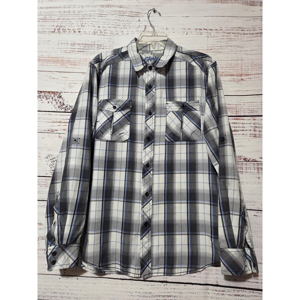 Chals Mens Plaid Button Down Shirt Large Blue Grey White Cotton Street Western